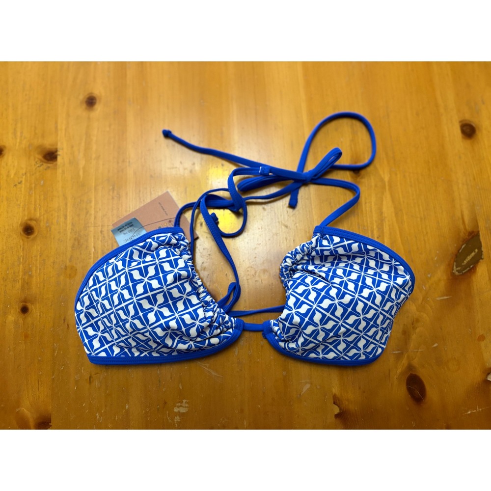 Shade & Shore Blue White Geometric Triangle Bikini Top Halter Swimwear Large NEW